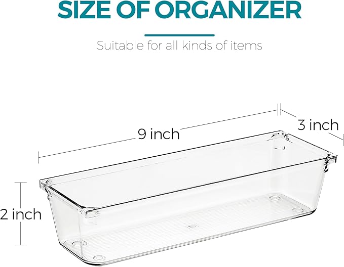 4 Pack Drawer Organizer - 3" X 9" Clear Acrylic Storage Bins with Non-Slip Pads, Versatile Desk Tray for Makeup, Jewelry, Kitchen, Bathroom, and Office Organization