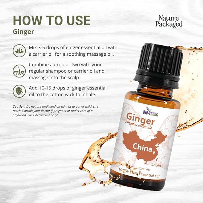 Ginger Essential Oil - Direct from Bio-Young Aromas - Pure Ginger Oil for Skin - Aceite de Jengibre - Aromatherapy 100% Therapeutic Premium Grade (15ml)