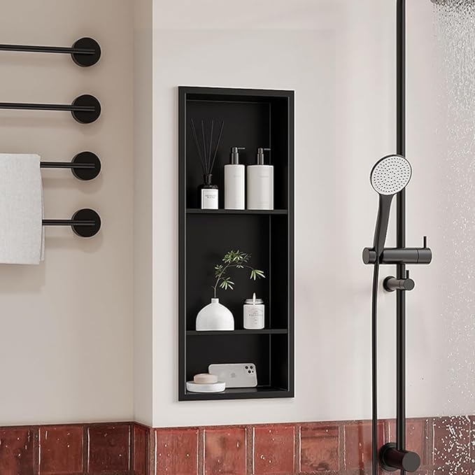Neodrain 12X30 Inch Matte Black 3-Tier Stainless Steel Shower Niche, NO Tile Needed Recessed Wall Niche Shelf for Bathroom Storage Cabinet