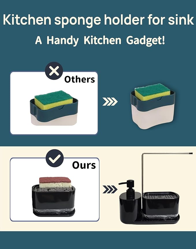 Dish Soap Dispenser & Sponge Holder 3-in-1 with Dual Pump & Drain Tray & Drying Pole - Multifunctional Kitchen Sink/Bathroom Organizer for Sponges and Hand Soap (Black)