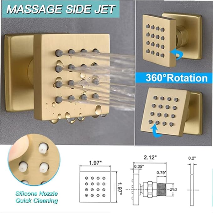 Thermostatic Brushed Gold Shower System with Tub Spout Shower Faucet Set 12 Inch Wall Mounted LED Full Body Rain Shower System with Body Jets, Handheld Spray, Brass Shower Valve