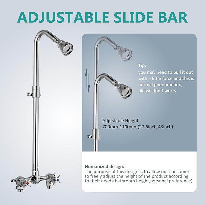 Aolemi Outdoor Shower Kit Fixtures Faucet System Double Handle Exposed Shower with Brass Mix Valve and Height-Adjustable Shower Pipe 6 Inch Center with Showerhead Polish Chrome