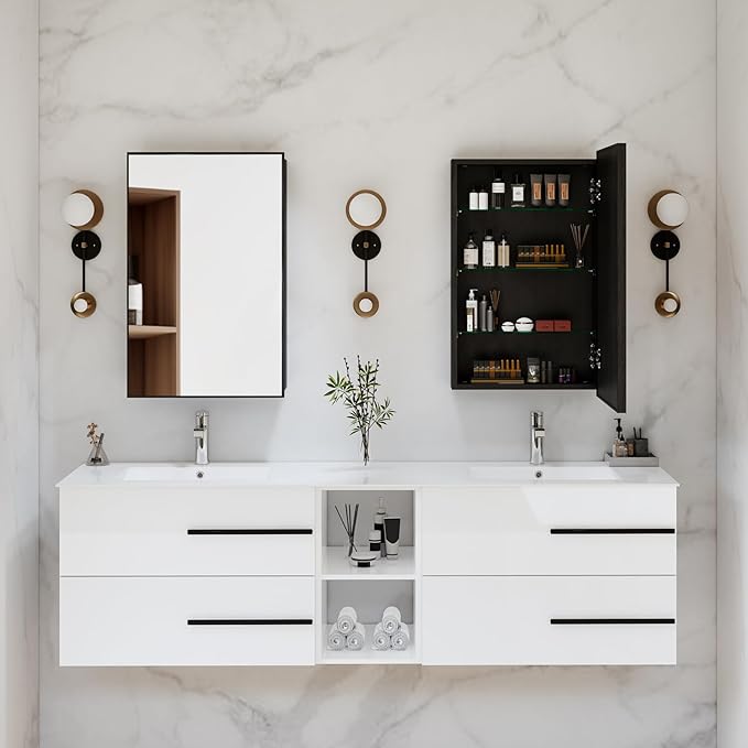 Black Bathroom Medicine Cabinet with Mirror, 17x30 Inch Rectangle Wall-Mounted Bathroom Mirror with Storage & Adjustable Tempered Glass Shelves for Bathroom Vanity, Over Sink