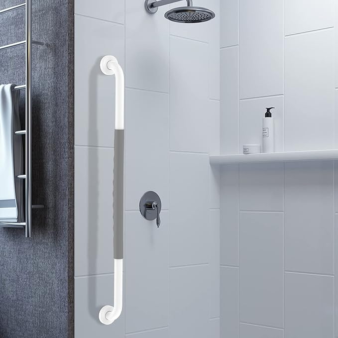 32 Inch Anti Slip Shower Grab Bar, Munzong White Stainless Steel Bathroom Grab Bar w/Gray Rubber Grip, Bathroom Balance Bar,Safety Handrail Support,Handicap Elderly Senior Assist Bath Handle