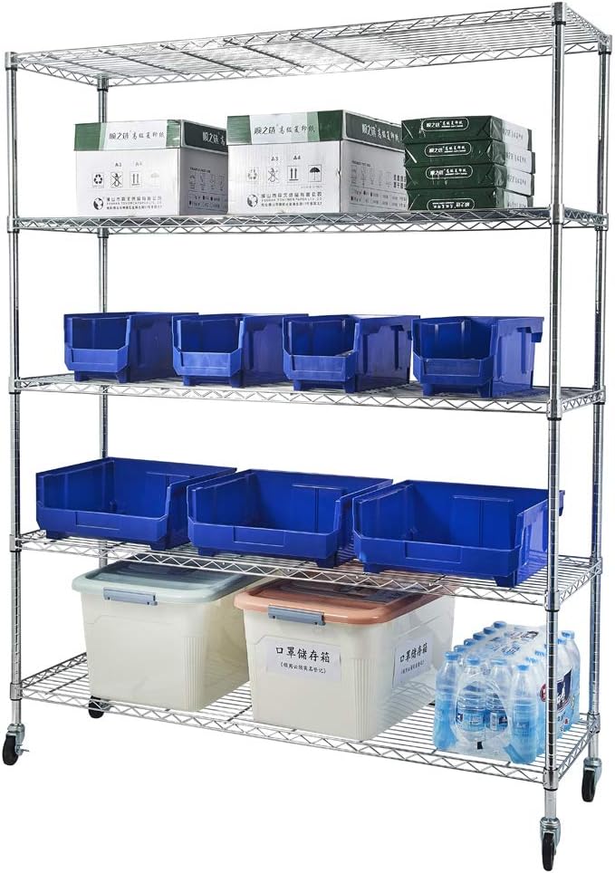 5 Tier Storage Racks Shelving, Heavy Steel Pantry Shelves, Adjustable Wire Shelving Rack with Wheels, Suitable for Garage, Kitchen, Bathroom, Office, 59" W x 18" D x 71" H, Chrome