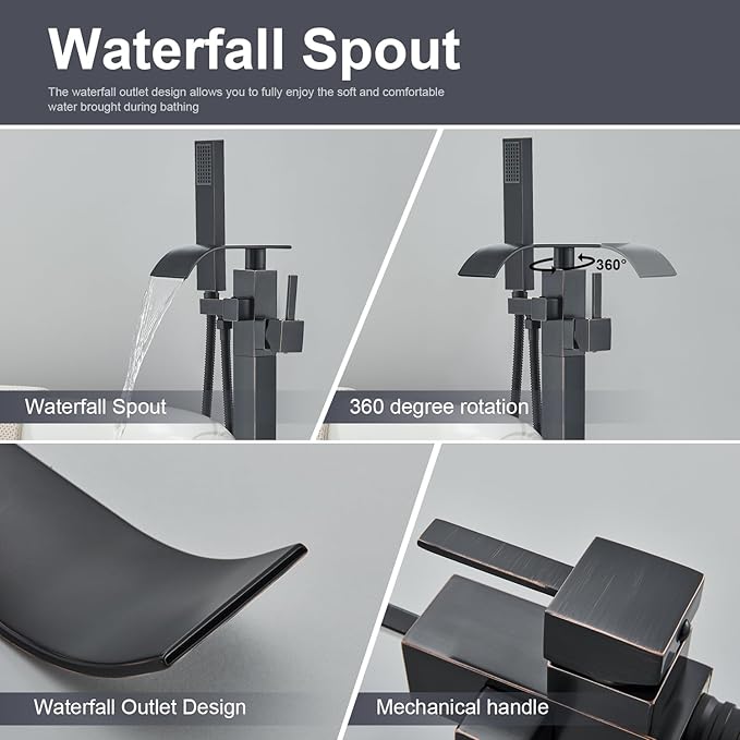 Senlesen Barthroom Tub Filler Faucet Floor Mounted Bathtub Shower Faucet Waterfall Spout Free Standing Tub Mixer Tap with Handheld Sprayer