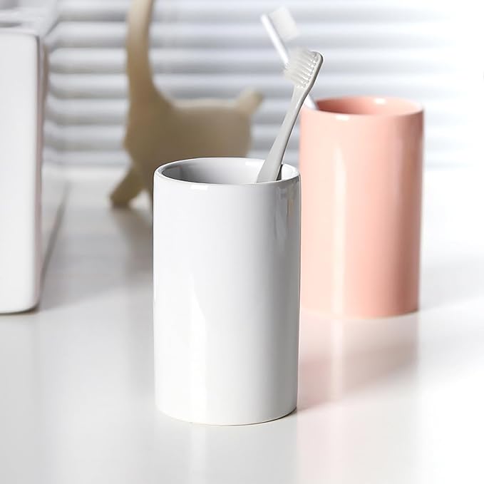 White Toothbrush Holder, Ceramic Bathroom Tumbler Cups,Toothbrush Cup, Bathroom Counter Organizer(300ml)