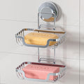 LEVERLOC Double Layer Soap Dish, Bar Soap Holder for Shower Wall, Vaccum Suction Cup Sponge Holder for Bathroom Tub Kitchen Sink, Stainless Steel, Waterproof, Removable, Silver