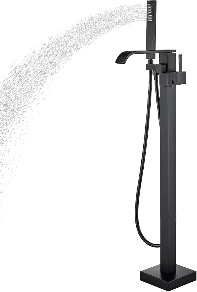 Freestanding Bathtub Faucet Matte Black Floor Mounted Tub Filler with Hand Shower Brass High Flow 360 Degree Swivel Standing Spout Mixer Taps