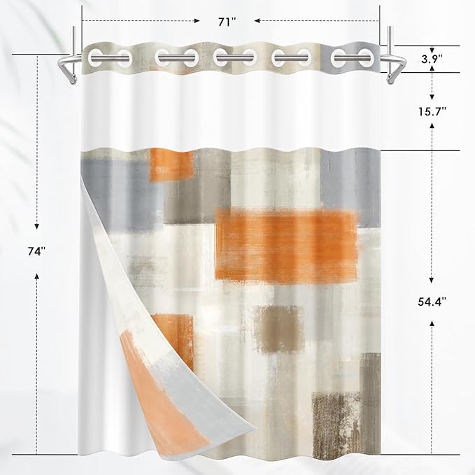 No Hook Grey Beige Orange Painting Shower Curtain with Snap in Fabric Liner Set, Abstract Double Layers Waterproof Fabric with See Through Top Window Open Grommet Bath Curtain 71x74 Inch