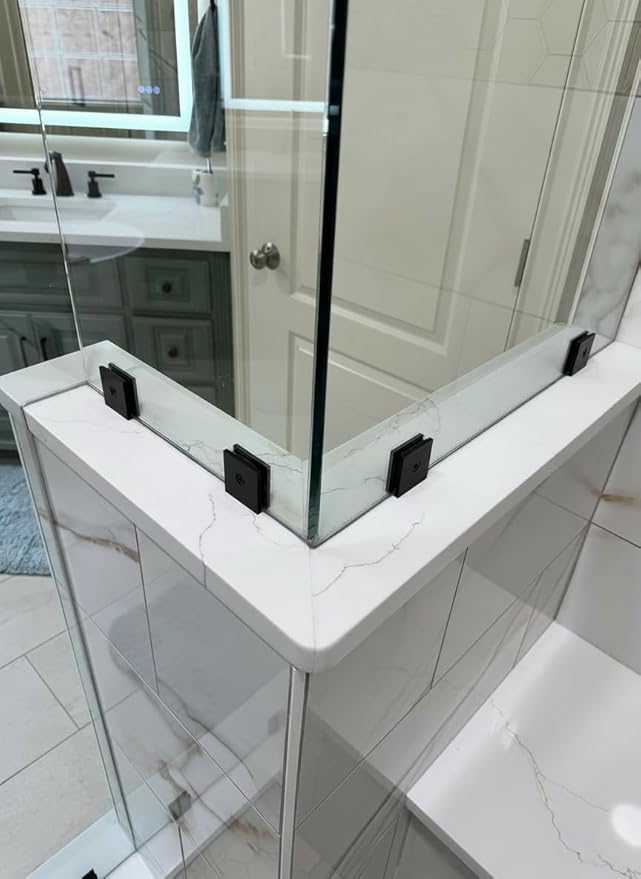 Shower Door Hardware Kit for Frameless Inline Hinged Doors, Includes Hinges, Square Pull Handles and Clamps, for 5/16"–3/8" Glass, Suitable for Bathtub or Standing Shower Setup, Matte Black
