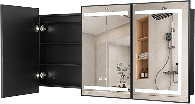 APRILSOUL 48X32 Inch Black Bathroom Medicine Cabinet with Mirror, Recessed or Surface Lighted Medicine Cabinet with 3 Colors Temperature, Dimmable Light