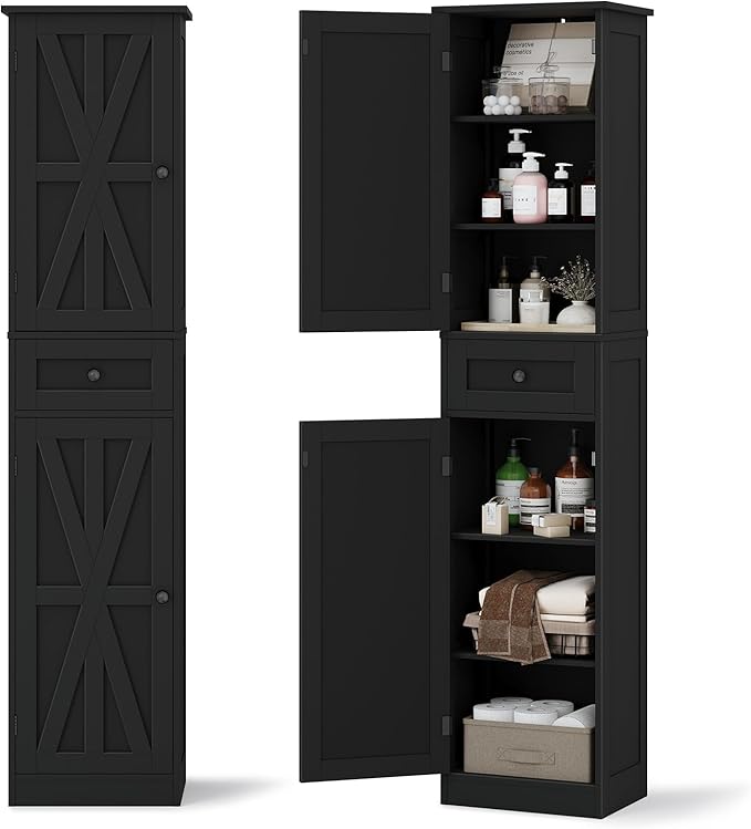 67" H Tall Bathroom Cabinet, Narrow Storage Cabinet with 2 Barn Doors and 1 Drawer, Freestanding Floor Cabinets with 6 Shelves for Bathroom, Living Room, Kitchen, Black