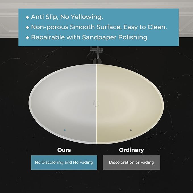 Premium Upgraded 63" Solid Surface Freestanding Bathtub, Unique Oval Stone Resin Tub with Overflow and Pop-up Drain, Matte White