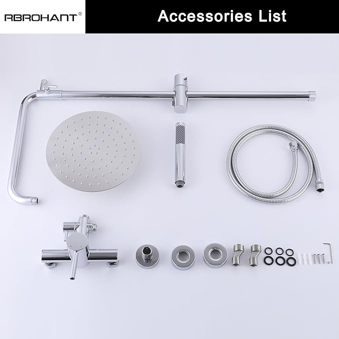 RBROHANT Outdoor Shower, Wall Mount Outdoor Shower Kit, Outside Shower Faucet with Height Adjustable Rain Shower and Handheld, Exposed Shower System for Pool, Wall Mounted, Polished Chrome, JK0146