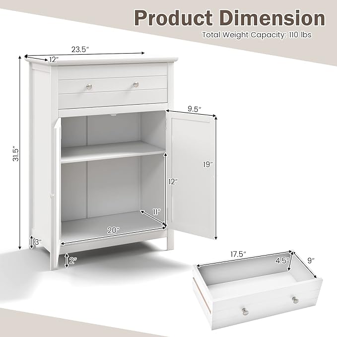 Giantex Bathroom Storage Cabinet with Drawer - Floor Cabinet with Doors, Adjustable Shelf, Storage Organizer for Entryway, Laundry Room, Kitchen, Living Room, Bedroom, Freestanding Cupboard (White)