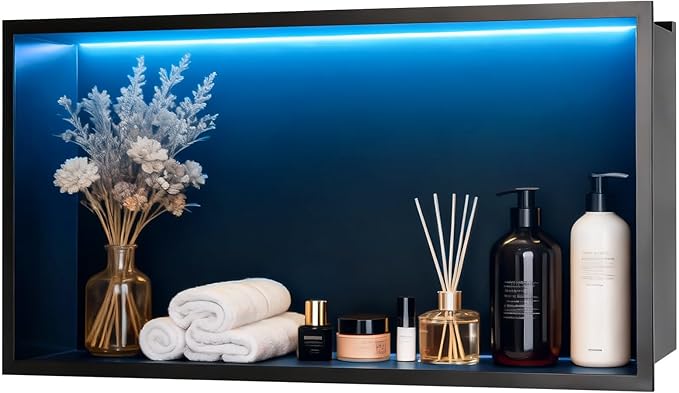 WICHEMI Stainless Steel Shower Niche 24" X 12", No Tile Needed Wall Niche with RGB Light, Recessed Shower Shelf for Bathroom Storage Over Mount Installation, Matte Black