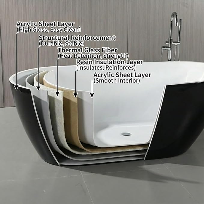 67" Freestanding Acrylic Bathtub, Deep Soaking Tub with Non-Slip Base & Chrome Drain, cUPC Certified, Black Upturned
