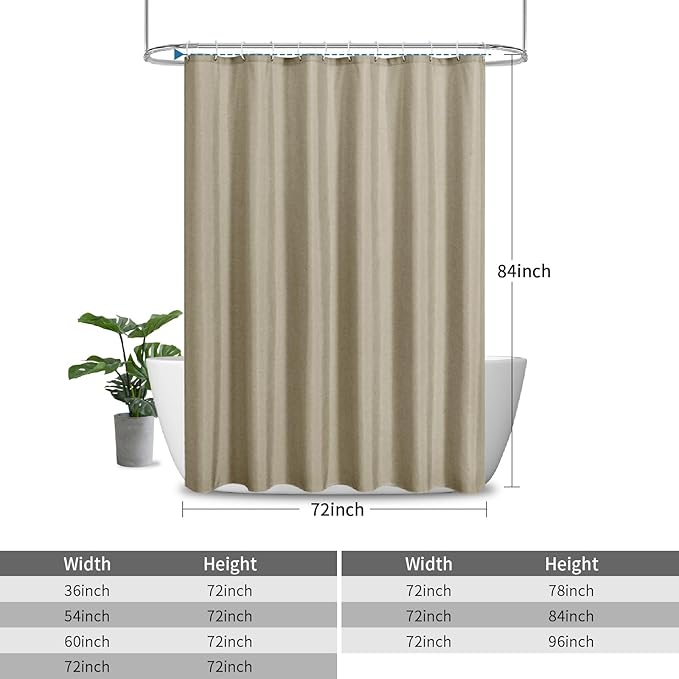 2-in-1 Waterproof Extra Long Fabric Shower Curtain or Liner,Linen Textured,84 Inch Breathable TPU & Washable Bathroom Shower Curtain Set with 12 Plastic Hooks,Modern,72"x84" Khaki
