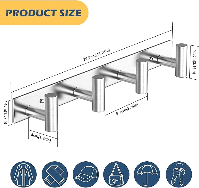 HUFEEOH 2 Pack Coat Rack Wall Mount, Stainless Steel T Shaped 4 Hooks Coat Hooks for Bathroom, Heavy Duty Wall Hooks Towel Hooks for Hanging, Silver Towel Rack Purse Hanger for Mudroom Entryway