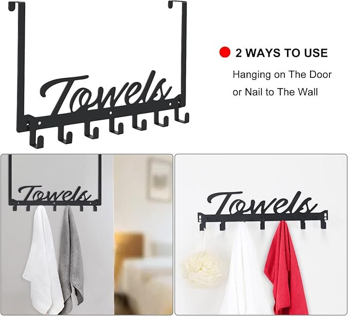 Over The Door Hooks - Heavy Duty Towel Rack with 7 Coat Hooks for Bedroom Bathroom Pool Kitchen