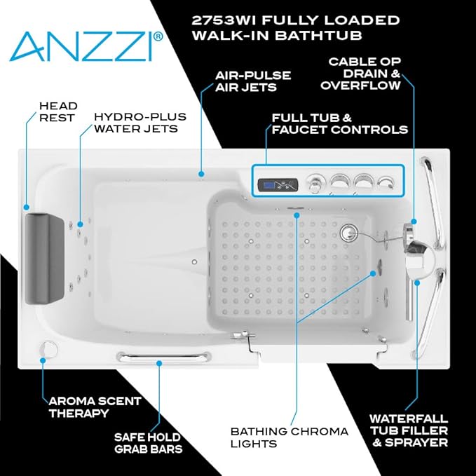 ANZZI Walk In Tub 53" x 27" Left-Drain Bathtub, Air & Whirlpool Massage Jets, Quick Fill with 6‑Setting Handheld Shower, Aromatherapy, Bath Pillow, LED Light | 2753FLWL