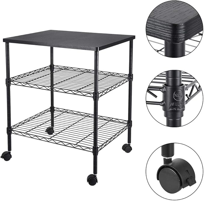 3 Tier Storage Racks Shelving, Heavy Steel Pantry Shelves, Adjustable Wire Shelving Rack with Desktop, Suitable for Garage, Kitchens, Bathroom, Offices, 22" W x 18" D x 26" H, Black