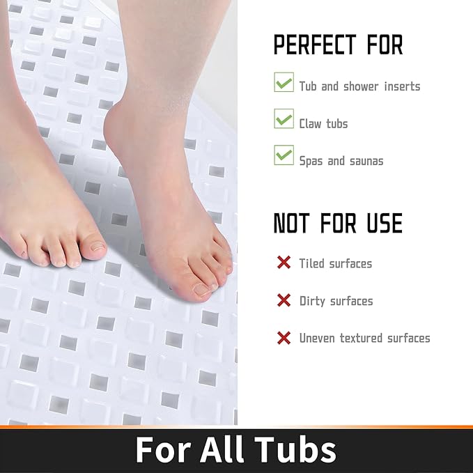 Yimobra Non Slip Bath Mat, Super Strong Suction Cups,34.5"x15.5"Long Tub Mat with Drain Holes, Machine Washable Fast Draining Shower Mats, Bathroom Essentials,White