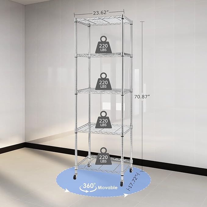 BNSPLY 5 Tier Narrow Wire Shelving Unit with Wheels, Height Adjustable Wire Shelves with NSF Certified, Mobile Metal Storage Rack for Kitchen, Laundry, Bathroom (17.7" D x 23.6" W x 71" H, Chrome)