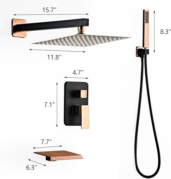 Shower Faucet Set with Tub Spout, Matte Black and Rose Gold Rainfall Shower System Complete Wall Mounted for Bathroom with 12 Inch Square Shower Head and Handheld Shower Head Rain Mixer Combo