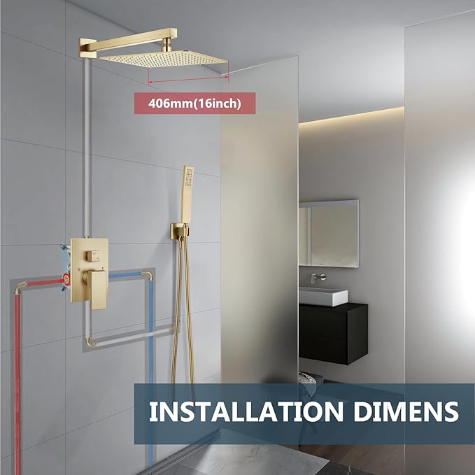 Aolemi Shower Faucet Set Rain Shower System with Handheld Spray Bathroom Shower Combo Rough-in Valve and Shower Trim Kit Included Brushed Gold 16 Inch Wall Mount Shower Head