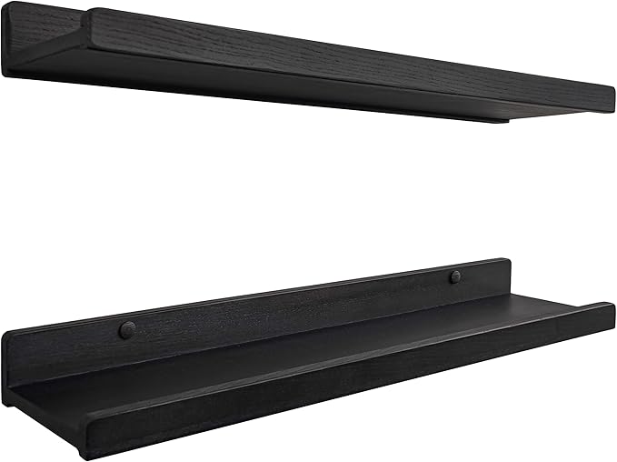 Wood Wedge Floating Shelves for Wall 24 inch, Photo & Picture Ledge, Black Modern Wall Storage Shelves with Lip, Kids Book Shelf, Shelves for Bedroom, Living Room, Bathroom, Kitchen, Set 2