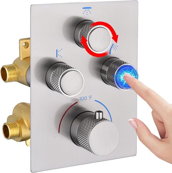 Modern Push Button 3 Way Thermostatic Shower Valve, Concealed 3 Outlet Multi Function Brass Mixer Shower Diverter Valve Kit Can Control Flow and On-Off Simultaneously, Brushed Nickel