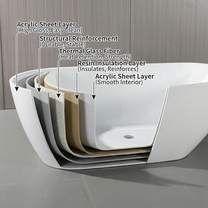 67 Inch Acrylic Freestanding Bathtub, Acrylic Soaking Bathtub with Matte Drain and Overflow, Modern Square Tub, cUPC Certified, Deep Ergonomic Design, Double-Walled Insulation, Easy Installation