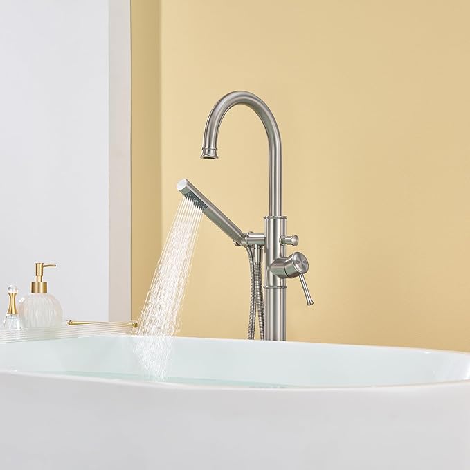 Free Standing Tub Faucet Brushed Nickel Freestanding Bathtub Faucet Floor Mount Brass Bathroom Tub Filler with Hand Shower