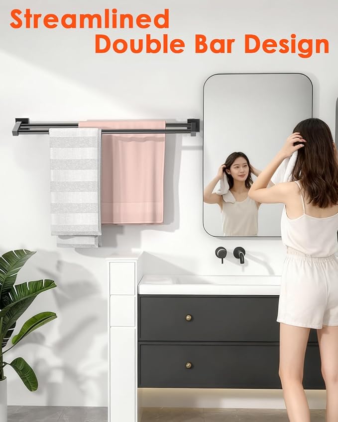Alise Bath Double Towel Bars Towel Racks for Bathroom Lavatory,Wall Mount Towel Holder Heavy Duty SUS304 Stainless Steel Towel Hanger Towel Rail,Matte Black,32 Inch