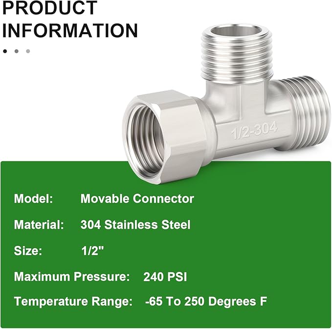 TAISHER 2PCS 304 Stainless Steel 3 Way Right Flexible Movable Tee Connector, 1/2" Male for Sprayer, Angled Valve, Shower Arm