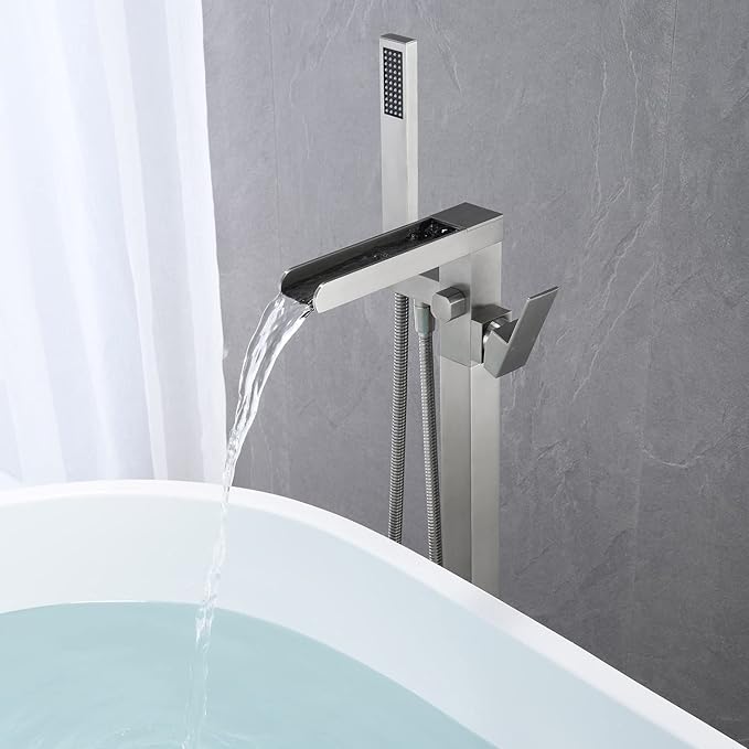 Freestanding Bathtub Faucet Waterfall Tub Filler Brushed Nickel Floor Mount Brass Single Handle Bathroom Faucets with Hand Shower
