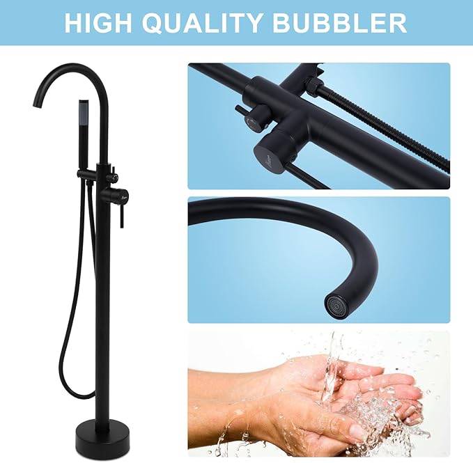 Freestanding Bathtub Faucet, Floor Mount Bathtub Faucet with 2 Water Outlet Modes, Swivel Gooseneck Spout with Hand Shower, Brass Single Handle Tub filler, Max Flow Rate 7.4 GPM, Matte Black