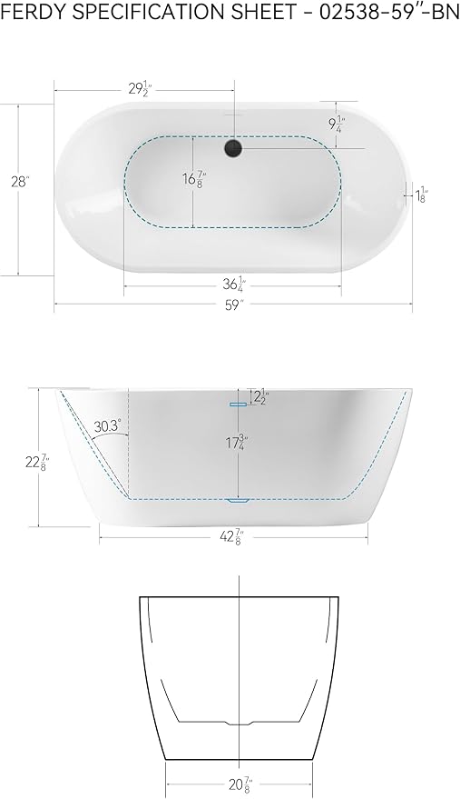 FerdY 59" Bali Acrylic Freestanding Bathtub, Gracefully Shaped Freestanding Soaking Bathtub, cUPC Certified, Toe-Tap Matte Black Drain and Minimalist Linear Design Overflow Included