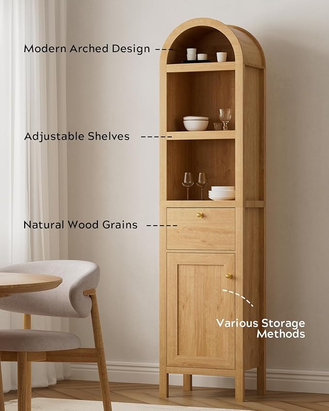 67" Tall Arched Bathroom Narrow Storage Cabinet with Adjustable Shelf, Farmhouse Freestanding Tower Cabinet with Door and Drawer, Space Saving Organizer for Kitchen, Living Room, Natural Oak