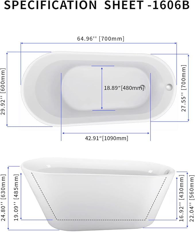 65" Acrylic Freestanding Bathtub, Single Slipper Free Standing Tub, Soaking Tub with Integrated Slotted Overflow, Toe-Tap Chrome Drain, cUPC Certified, Glossy White