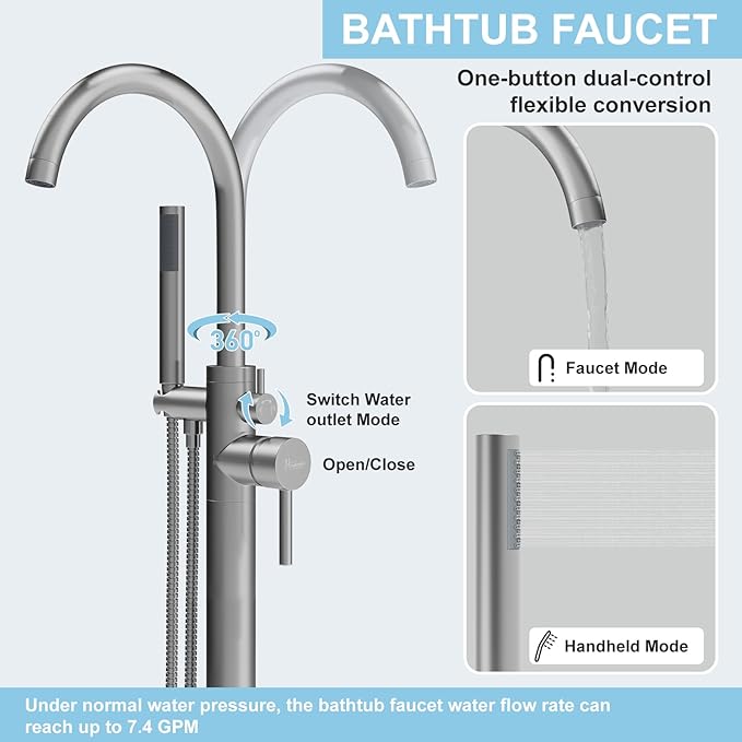 Freestanding Bathtub Faucet, Floor Mount Bathtub Faucet with 2 Water Outlet Mode, Swivel Gooseneck Spout with Hand Shower, Brass Single Handle Tub filler, Max Flow Rate 7.4 GPM,Brushed Nickel