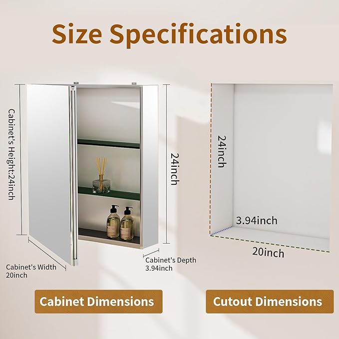BEAUTYPEAK 20 x 24 Inch Medicine Cabinet with Mirror, Wall Mounted Bathroom Mirror Cabinet, Medicine Cabinet Mirror with Storage & Adjustable Shelves