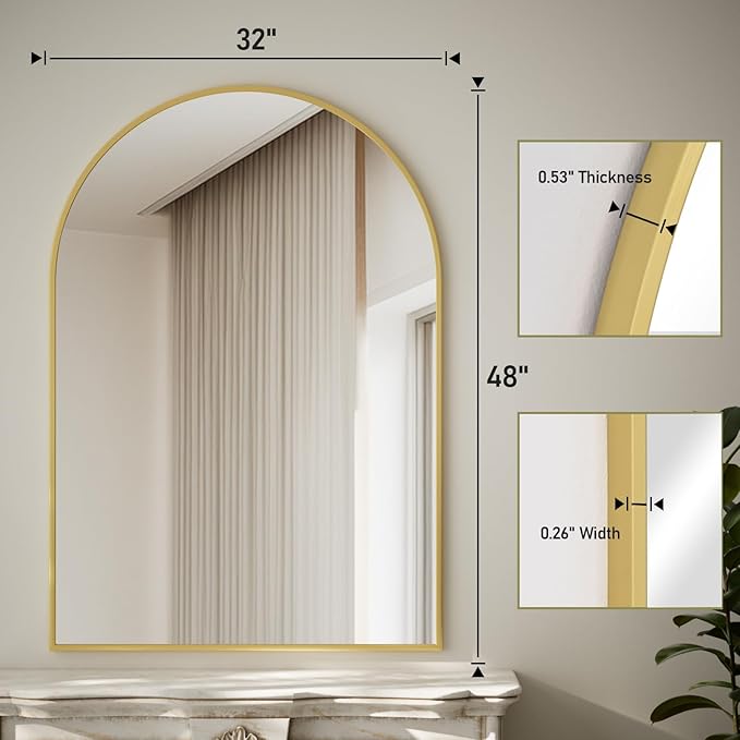 HARRITPURE Arched Bathroom Mirror - 32"x48" Gold Large Wall Mounted Vanity Mirror Aluminum Alloy Frame Arch Wall Mirror for Living Room, Bedroom and Entryway