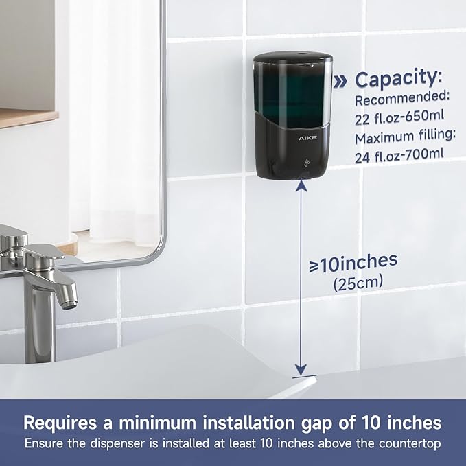AIKE Wall Mount Automatic Soap Dispenser for Liquid Soap Battery Operated Black, Model AK1216