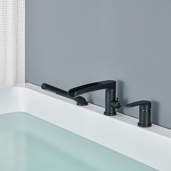 Waterfall Roman Tub Faucet Black Deck Mount Bathtub Faucets Brass Tub Filler Bathroom Faucets with Hand Shower