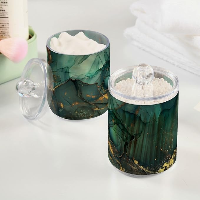 MNSRUU 2 Pack Qtip Holder Organizer Dispenser Turquoise Green Marble Bathroom Storage Canister Cotton Ball Holder Bathroom Containers for Cotton Swabs/Pads/Floss