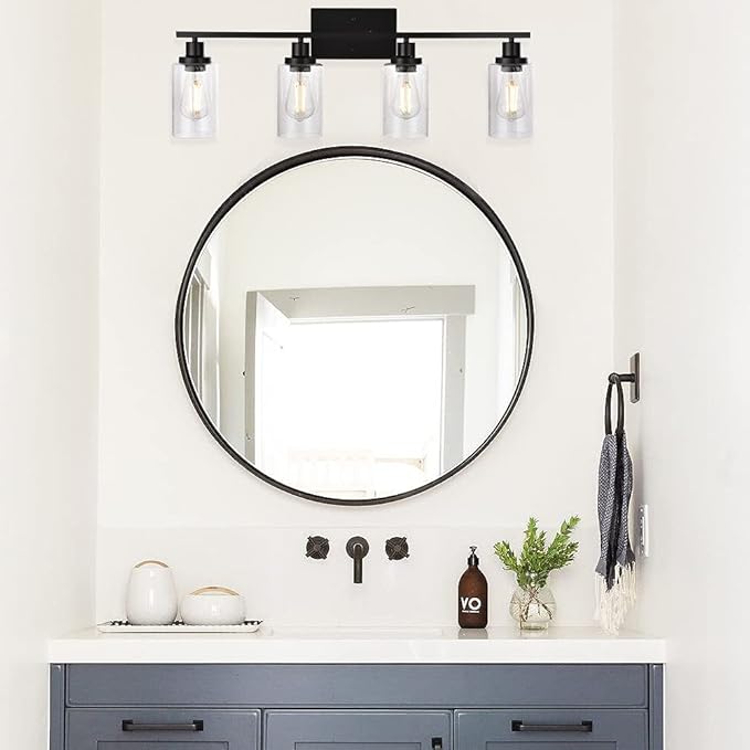 Black 4-Light Bathroom Light Fixtures with Seeded Glass Shade, 31-Inches Length Farmhouse Vanity Lights Over Mirror for Cabinet Kitchen Bedroom