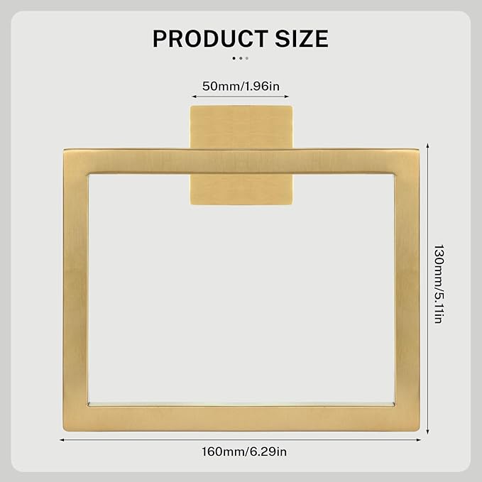 2-Piece Brushed Gold Towel Ring,Square Hand Towel Holder,Stainless Steel Modern Towel Holder Wall-Mounted Bathroom Towel Ring Towel Rack